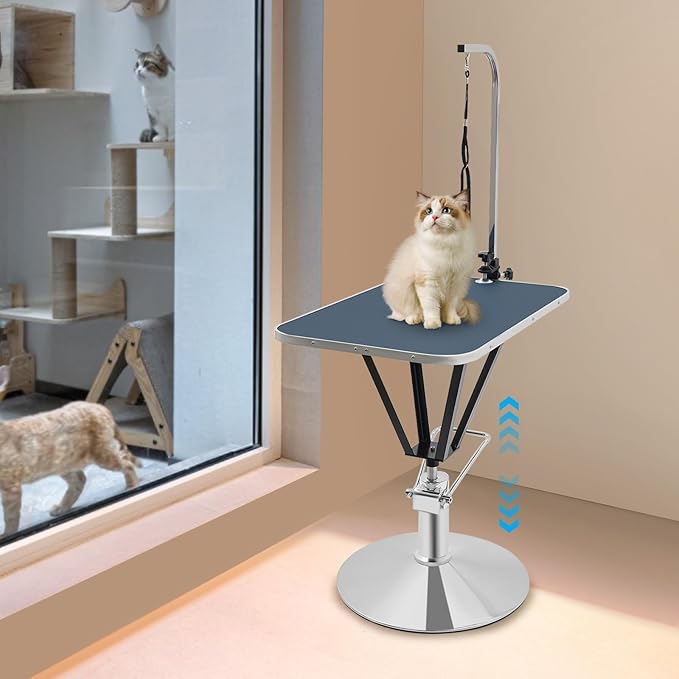 Hydraulic Pet Grooming Table with Adjustable Arms, 360 Degree Table Top Swivel Maximum Load 220 lbs Professional Pet Grooming Table, 34in Hydraulic (Blue,Rectangular)