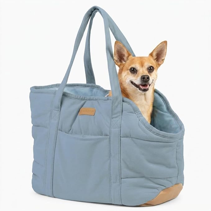 Plush Dog Purse Carrier for Small Dogs, Soft Dog Tote Bag with Safety Harness Clip, Cozy Pet Carrier for Dogs Under 15 lbs, Comfortable Dog Shoulder Carrier for Travel, Light Blue
