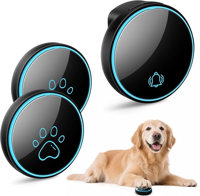 Comsmart Smart Wireless Dog Door Bell, Doggie Doorbell for Pet Potty Training Communication Go Outside Press Button with 38 Melodies 4 Volume Levels LED Flash (1 Receiver & 2 Transmitter), Black