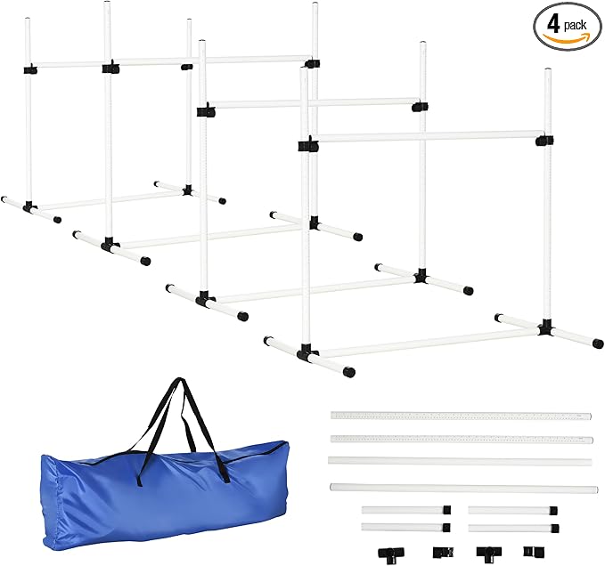PawHut 4 Piece Dog Agility Training Equipment for Dog Agility Course with Adjustable Height Jump Bars, Included Carry Bag, & Displacing Top Bar, White