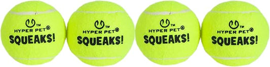 Hyper Pet Squeaks! Tennis Balls Fetch Dog Toy with Squeakers Pack of 4 Green | Durable Non-Abrasive Tennis Balls for Active Dogs | Indoor Outdoor Play | 2.5" Medium Ball
