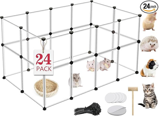 24 Panels Portable Small Animals Playpen,48"x 24"x 28" Transparent Pet Playpen,Portable Plastic Enclosure,Puppy Play Pen for Indoors Outdoor Pet Fence for Guinea Pigs,Bunny,Ferrets,Hamsters,Hedgehogs