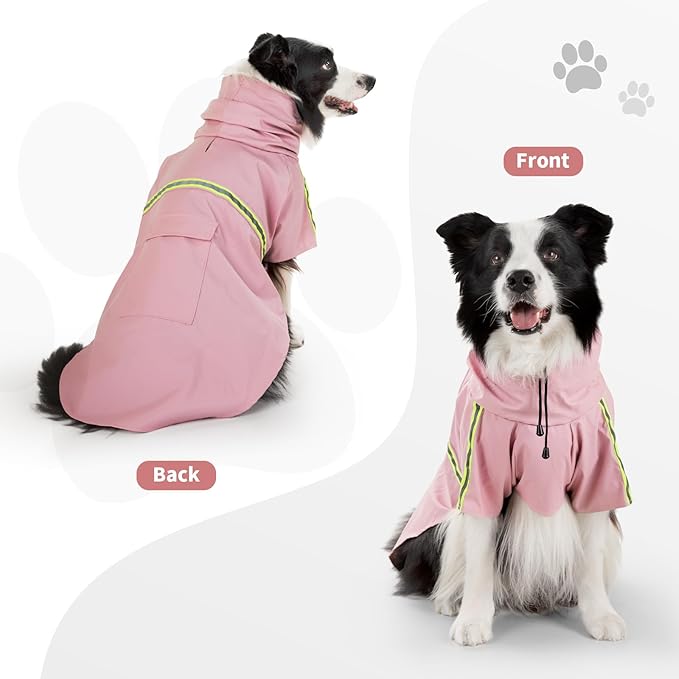 Dog Raincoat, Waterproof Windproof Dog Rain Jacket Adjustable, Rain Coat with Leash Hole, Reflective Strap Raincoat Poncho for Small Medium Large Dogs Outdoor (Reflection-Pink, L)