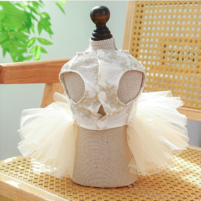 ANIAC Embroidered Dog Dress for Small Dog,Girl Puppy Princess Tutu Dress with Leash Ring,Cat Apparel,Chihuahua Yorkie Clothes for Birthday Wedding (Large, Champagne)