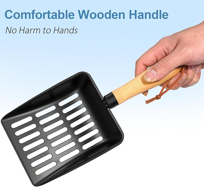 Cat Litter Scoop, Metal Litter Scoop, Heavy Duty Metal Cat Scooper for Litter Box, Black Sifter Scoop for Pellets, Wooden Handle Scoop with Hole, Kitty Necessity (Cat Litter Scoop Short)