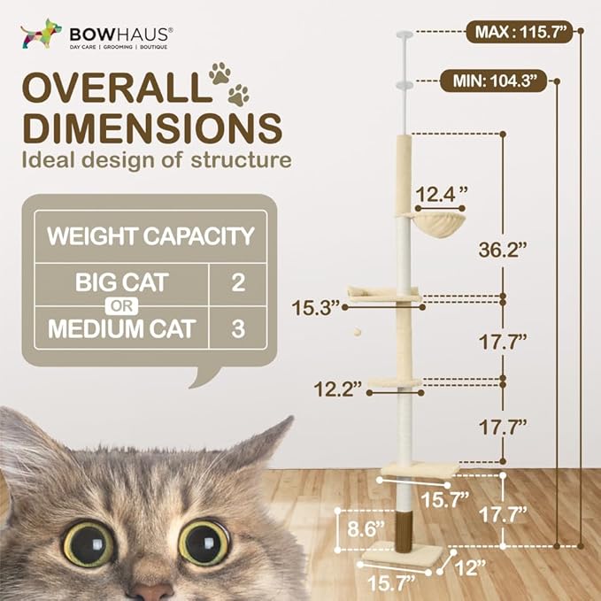 BOWHAUS Floor to Ceiling Cat Tree, Adjustable Height 104”-115” Multi-Tier Cat Climbing Tower w/Itching Scratcher, Cozy Hammock, Interactive Playball, Platforms for Indoor Cats, Beige