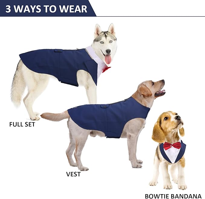 DORA BRIDAL Dog Tuxedo for Large Dogs, Dog Suit and Bowtie, Formal Dogs Wedding Outfit, Pet Tuxedo and Bandana Set Valentines Birthday Christmas Party Costumes for Labrador,Golden Retriever, Blue, XL
