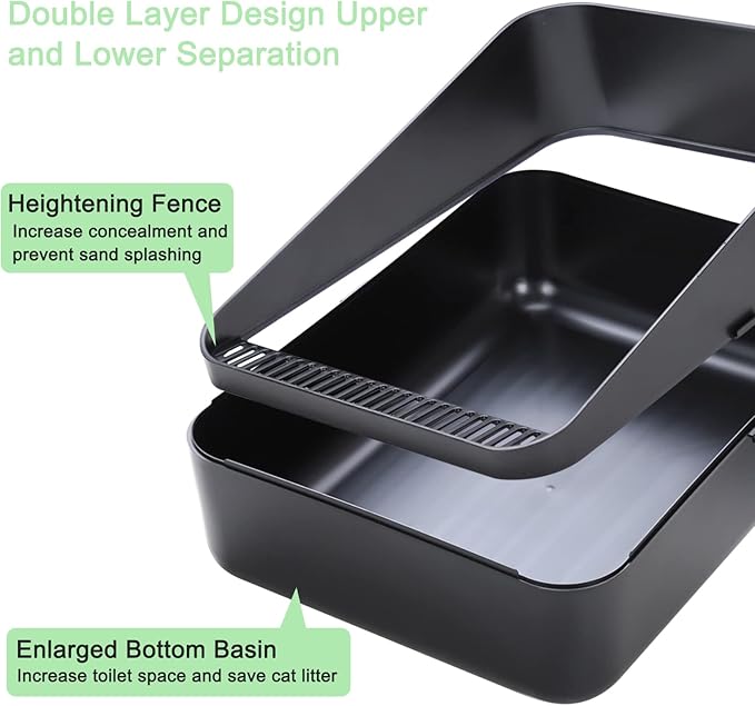 Sfozstra Black Open Top Cat Litter Box - Medium, High Sides & Leak-Proof, Easy-Clean Litter Pan, Odor-Reducing, Durable ABS, for Home Cats Up to 13 lbs