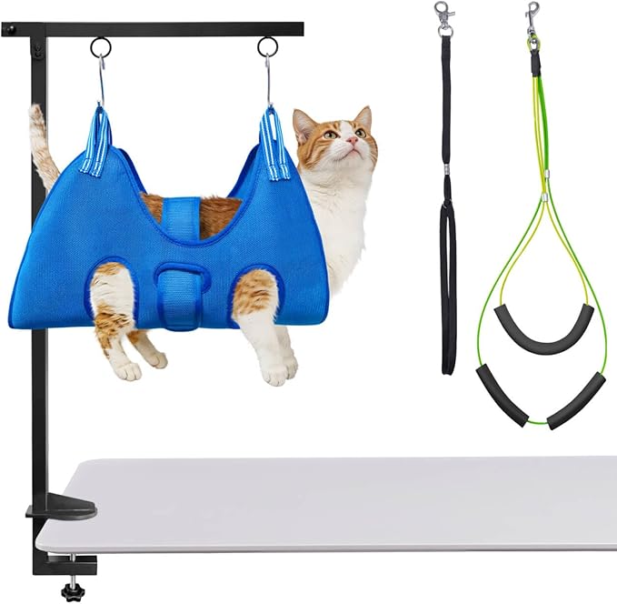 Dog Grooming Arm with Hammock: Adjustable Height 27"-38", Foldable Dog Grooming Table Arm w/No-Sit Holder and Loop Noose,Grooming Restraint for Small&Medium Pets at Home or Salons