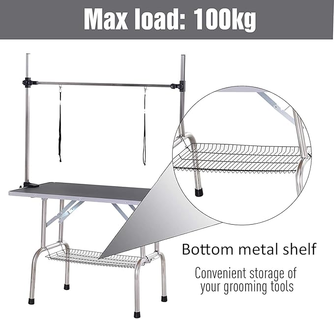 Pet Dog Grooming Table, Foldable Stainless Steel Pet Drying Grooming Table Up to 330lbs, Professional Bathing Desk for Dogs at Home with Adjustable Overhead Arms, Noose, Mesh Tray, 36''/Black