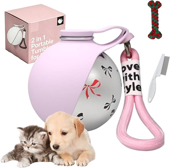 2 in 1 Portable Tumbler for Dogs – 10oz Stainless Steel Pet Water Bottle with Silicone Foldable Bowl, Portable Dog Water Bottle for Walks, for Walking, Hiking & Travel, One-Hand Operation (Pink-1)