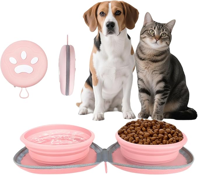 Collapsible 2-in-1 Dog Bowls: Leakproof Double Silicone Food & Water Bowl for Travel, Camping, Hiking - Portable Cat & Dog Feeding Supplies (Pink)