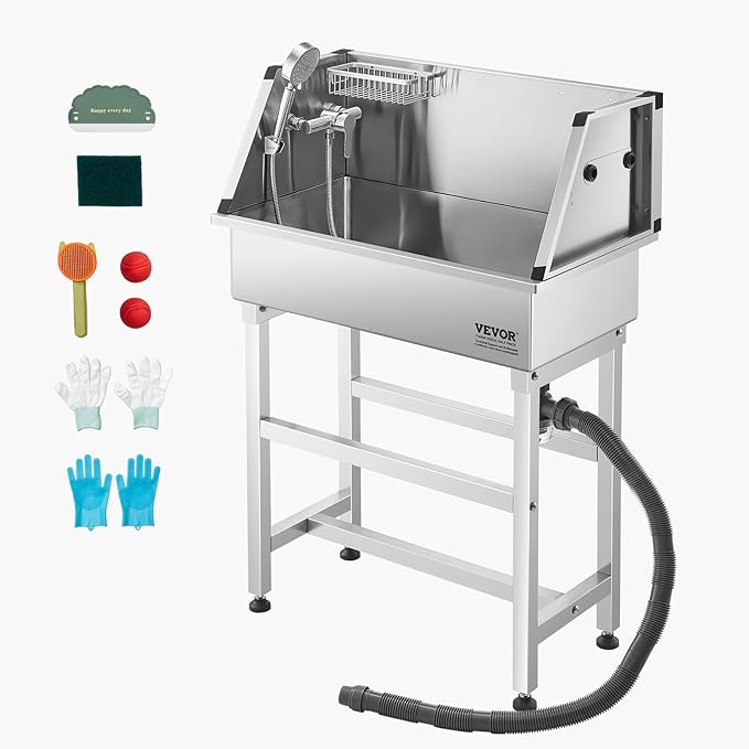 VEVOR Professional Dog Washing Station, 34 Inch Stainless Steel Pet Grooming Tub with Hot & Cold Faucet, Showerhead, Storage Rack, No-Bend All-in-One Bathtub, Home Wash Sink, Fits Small Cats and Dogs