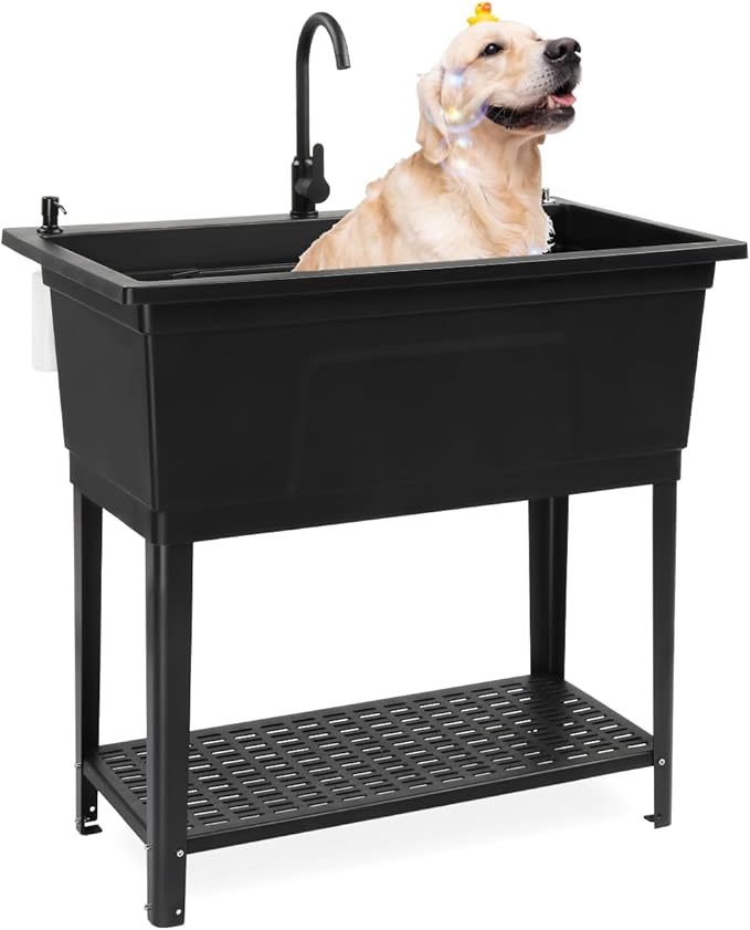 Bonnlo 37-Gallon Freestanding Utility Sink with Faucet, 36" Heightened Basin for Laundry, Garage, Outdoor Garden, Pet Wash, Heavy Duty Plastic Laundry Tub with Storage Shelf, 40"L×24"W×36"H (Black)