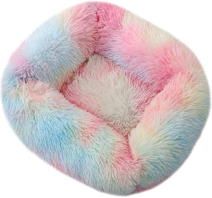 La La Pet® Donut Dog Cat Bed Cozy Cave Pet Bed Burrow Dog Bed Calming Cuddler Self-Warming Pet Bed Soft Plush Pet Cushion Improved Sleep for Cats Small Medium Dogs Rainbow M