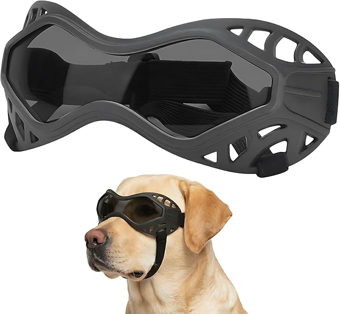 Dog Goggles for Medium to Large Breeds, Adjustable UV Protective Sunglasses with Soft TPU Frame and PC Lens, Windproof & Dustproof Pet Eye Wear for Outdoor Riding, Skiing and Driving (Gray Lens)