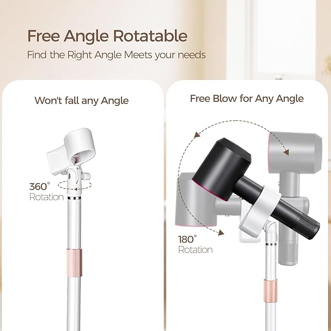 Hair Dryer Stand, 1.68M Height Adjustable Blow Dryers Holder, Ultra Stable Holder with 360° Rotating, Universal Clips, Work with All Dryer, Floor Dryer Stand for Salons or Home Use(White)