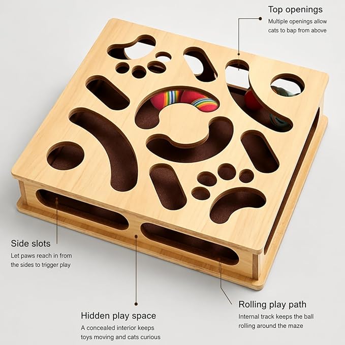 Cat Claw Saver Box （Large）, Solid Wood Construction Cat Nail File Scratcher with Sandpaper Inside, Nail File Box Stress Free Alternative to Clippers and Grinders(Bell Ball)