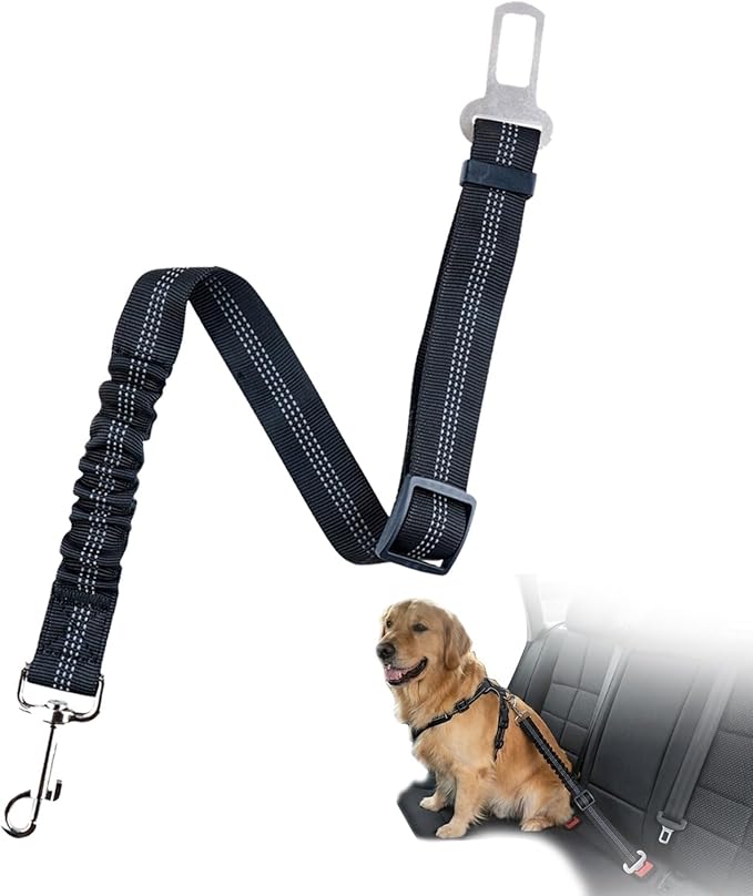Janrie Dog Seat Belt, Adjustable Dog Seat Belt for Car - Retractable Vehicle Nylon Pet Safety Dog Car Harness, Metal Buckle with Elastic Bungee Buffer,Heavy Duty Seat Belt (1 Pack Black)