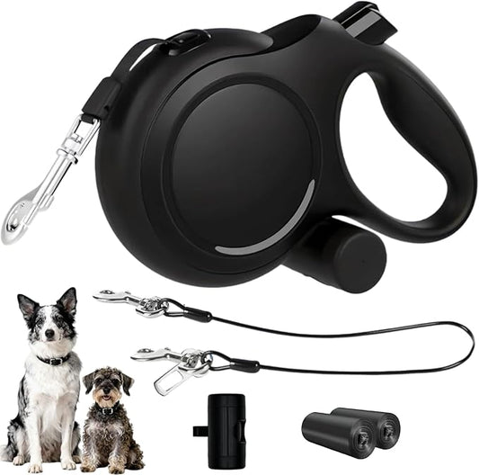 26ft Retractable Dog Leash for Large Dogs with Poop Bag Holder,Heavy Duty Retractable Dog Leash with Chew Proof Extender,One-Hand Lock System,Impact-Resistant,Up to 110 lbs (Black)