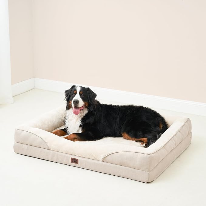 EHEYCIGA Orthopedic XXL Dog Bed for Large Sized Dog, 52x41 Inch Extra Large Memory Foam Dog Couch Bed with Sides, Waterproof Liner & Washable Removable Cover, Bolster Pet Sofa, Beige