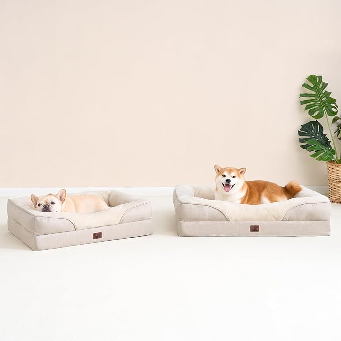 EHEYCIGA Orthopedic Dog Bed for Medium Dog, 35x22 Inch Memory Foam Dog Couch Bed with Sides, Waterproof Liner & Washable Removable Cover, Bolster Pet Sofa, Beige