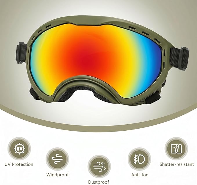 Dog Goggles for Medium to Large Breeds, UV Protection Dog Sunglasses with Colored PC Lens, Soft TPU Frame and Adjustable Straps, Windproof Dustproof Anti-Fog Pet Eyewear for Outdoor Activities (Green)