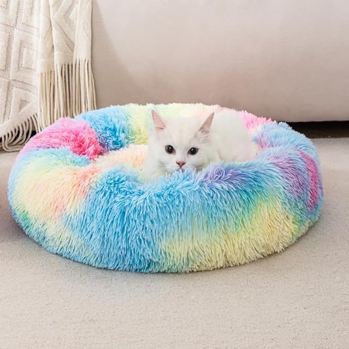 Fluffy Donut Dog Bed for Puppies Cat Bed Plush Soft Faux Fur Non-Slip Bottom Indoor Cozy Comfortable Pet Bed Bunny Pillow Dog Piilow Small for 3KG