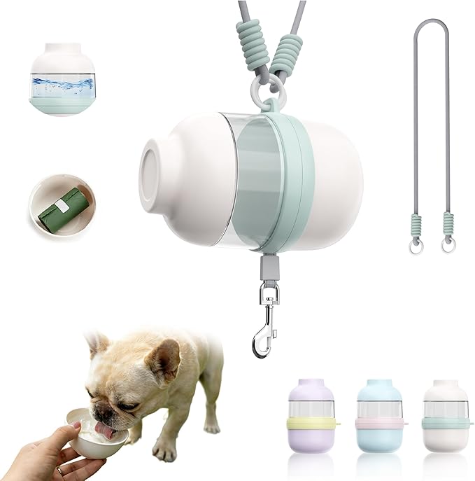 3 in 1 Dog Water Bottle with Crossbody Strap & Retractable Leash, Portable Dog Travel Water Bottle with Treat & Poop Bag Dispenser for Small Dogs Walking Hiking(Off-White)