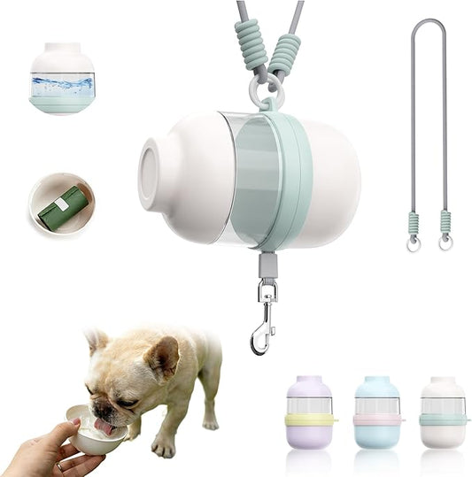 3 in 1 Dog Water Bottle with Crossbody Strap & Retractable Leash, Portable Dog Travel Water Bottle with Treat & Poop Bag Dispenser for Small Dogs Walking Hiking(Off-White)
