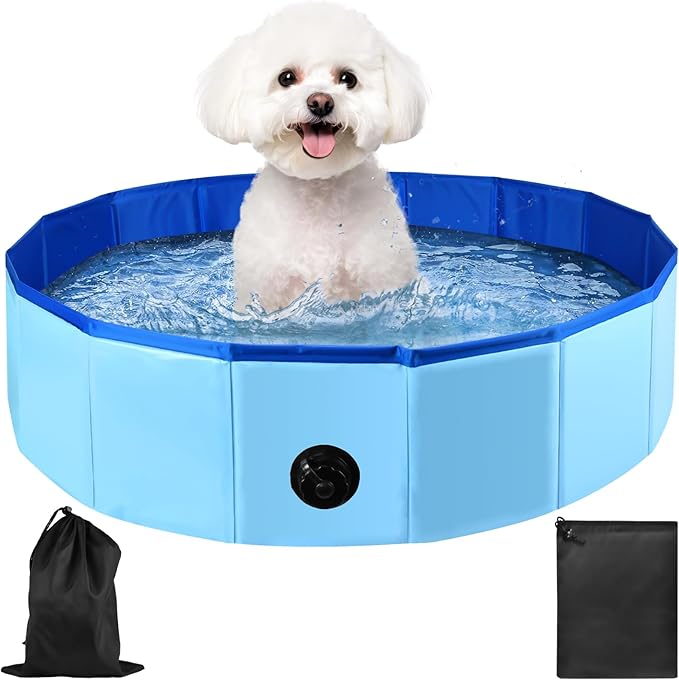Enenes Folding Dog Pool 32x8 Inch Portable PVC Pet Swimming Pool & Bath Tub with Drawstring Storage Bag Collapsible Ball Pit for Indoor/Outdoor Use, Puppy Bath Tub for Dogs, Cats, Puppies