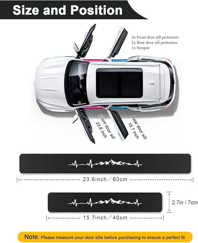 4Pcs Car Door Sill Protector Carbon Fiber Anti-Scratch & Waterproof Heartbeat Mountains Front & Rear Door Sills Scratch Protection Universal Car Threshold Accessories for Cars SUV Truck