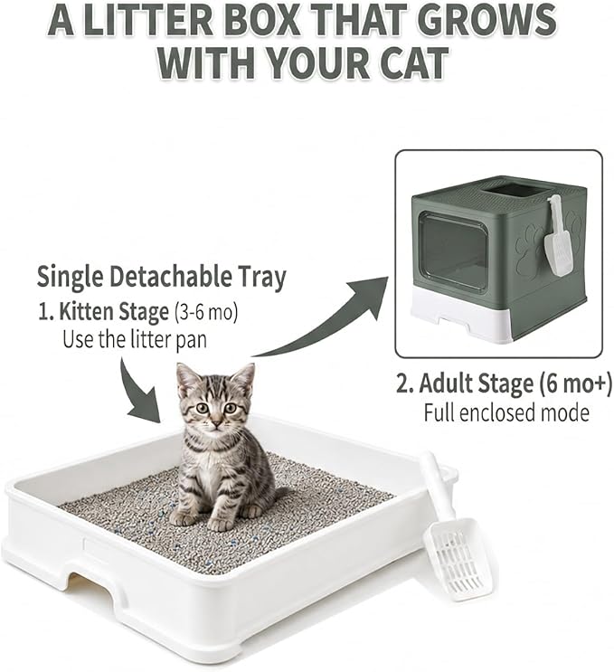 Medario Cat Litter Box with X-Large Litter Mat and Scoop, Large Covered Litter Box with Lid, Enclosed Kitty Box,Front Top Entry Exit, Odor Control Easy to Clean (Upgrade Olive Green)