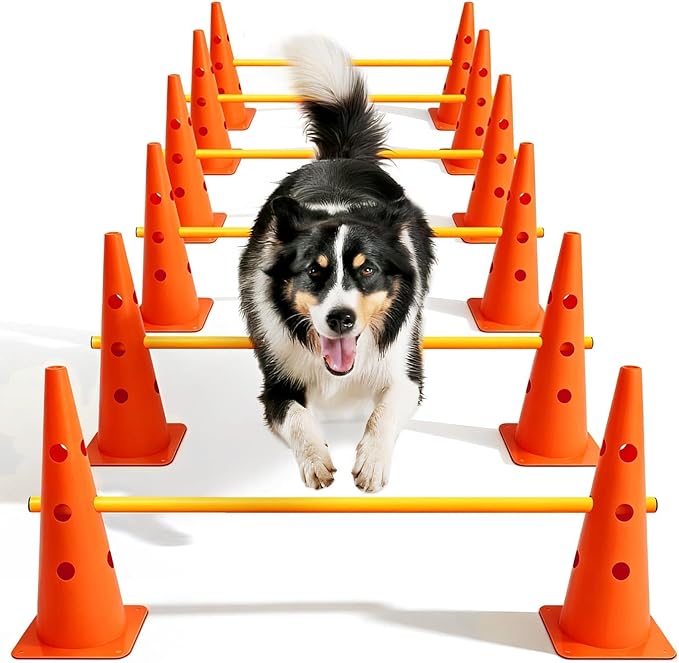 Dog Agility Course Backyard Set, Dog Agility Hurdle Cone Set with Height Adjustable Crossbar for Rehabilitation & Beginners, Dog Agility Equipment for Dog Obstacle Course - 18 Inch Orange