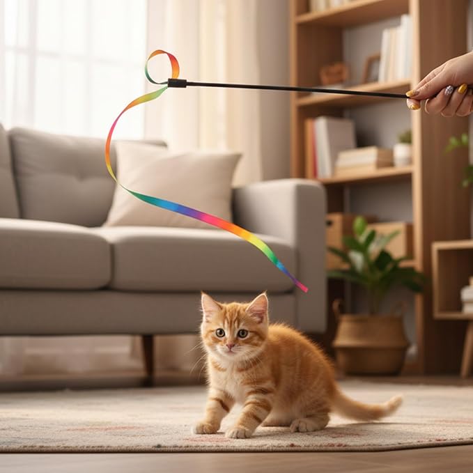 salbsever 5 PCS Cat Ribbon Toy, String Cat Toy, Interactive Colorful Teaser Wandstring with Rainbow Ribbon for Indoor Cats Exercise and Playtime
