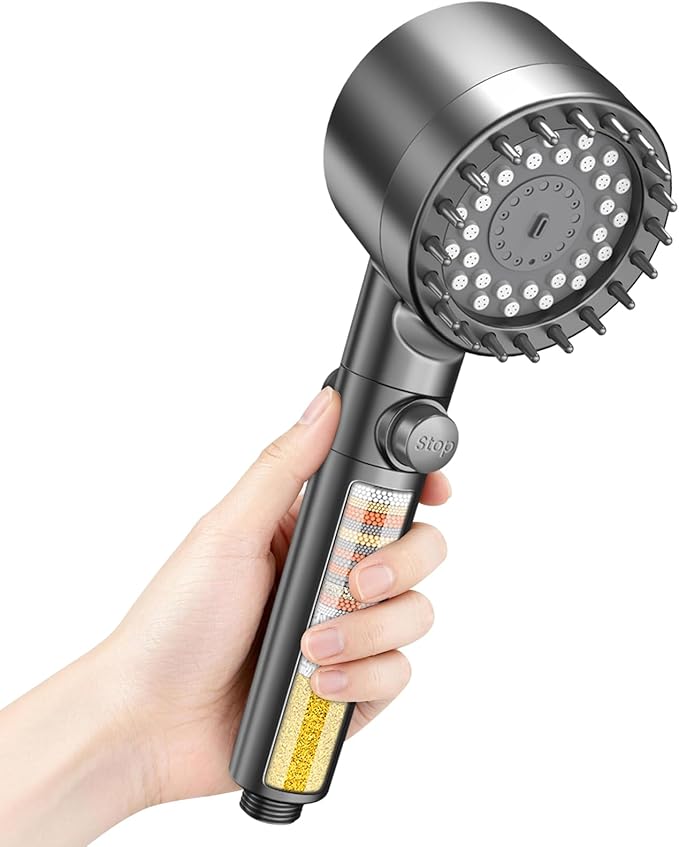 PWERAN Filtered Shower Head with Handheld,4 Spray High Pressure Showerhead with Filters for Hard Water -Remove Chlorine ON/OFF Switch for Pet Bath (Gray)