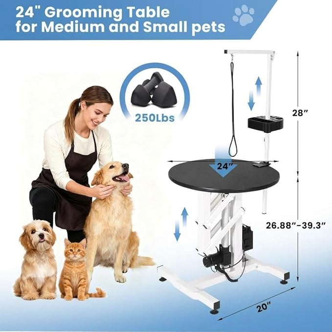 24 Inch Electric Dog Grooming Table with Rotating Desktop, Adjustable Overhead Arm & Foot Remote, 250lbs Heavy Duty Pet Grooming Station for Small Dogs Cats at Home or Salon
