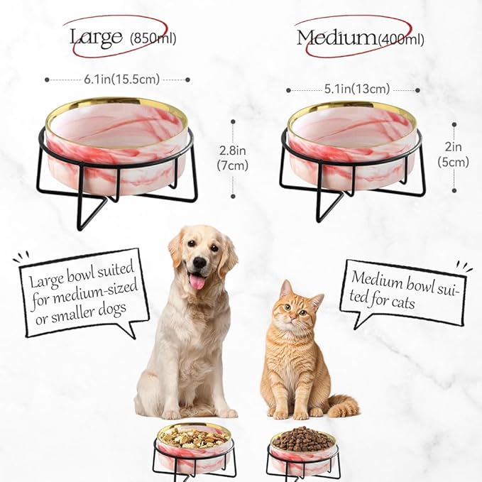 Dazzling Ceramic Elevated Cat Bowls,Raised Dog Cat Pet Food Water Bowl for Indoor(Pink, Large)