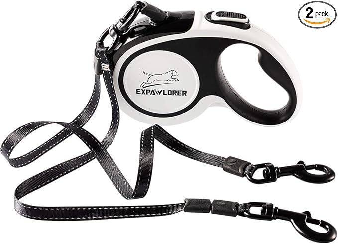 EXPAWLORER Dual Retractable Dog Leash - Double-Head Lockable Extendable Pet Leash - 16FT Reflective Nylon Ribbon - 360 Tangle-Free for Two Dogs Walking Training