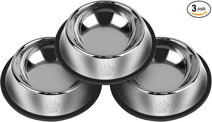 3Pcs Stainless Steel Dog Bowls Set with Dog Paw Pattern- Non-Slip Food and Water Bowl 13 Oz - Dishwasher-Safe, Rust Resistant Metal Pet Bowls for Small/Medium/Large Sized Pets