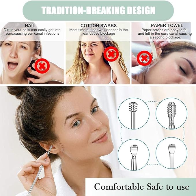 6 Pcs Ear Pick Earwax Removal Kit, Cleansing Tool Set, Curette Cleaner, 360degree Spiral Design Canal Cleaner Stainless Steel, with a Storage Box Portable Kit (Green), 11.7x2.8x2cm