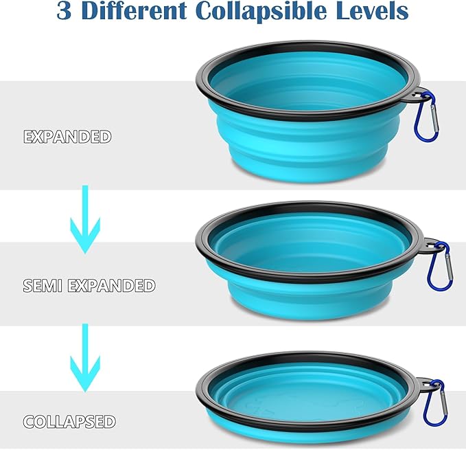 Collapsible Dog Bowls [2 Pack] 20 oz, Travel Dog Bowls, Pet Bowl Portable Foldable Water Food Feeding Dishes with Carabiner Clip for Traveling Hiking Walking-Black & Blue