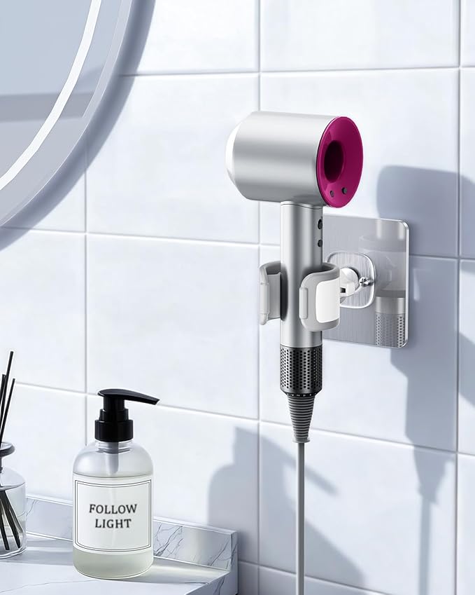 Universal Hair Dryer Holder Wall Mounted, Ultra-Secure Hair Dryer Hanger with Adhesive & Screw Mounting, Angle-Adjustable Blow Dryer Holder for Vanity, Bathroom, Salon-Fixed Type(1 Pack)