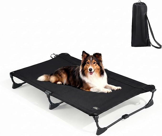 CANINE CANYON Upgraded Non-Slip Daisy Cot, Large Foldable Elevated Dog Bed, Portable Raised Outdoor Folding Dog Cot for Camping/Home, Chew Proof Waterproof Heavy Duty Up to 160 Lbs, Black, 43"x27"