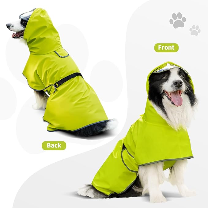 Dog Raincoat, Waterproof Windproof Dog Rain Jacket with Hood, Rain Coat with Leash Hole, Adjustable Raincoat Poncho for Small Medium Large Dogs Outdoor (Neon Yellow, XL)