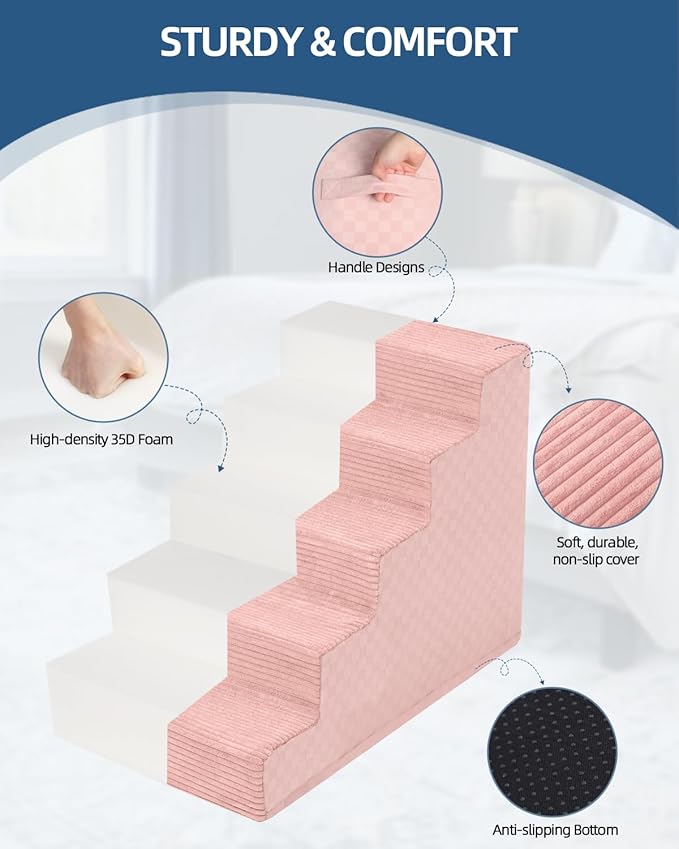 Vfrog Dog Stairs for Small Dogs,22" H,5-Step Dog Steps Ramp for Bed and Couch with High Density Foam,Non-Slip Pet Steps for Dogs and Cats,Pet Stairs with a Washable Cover,Pink