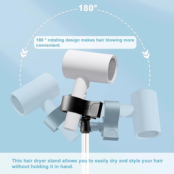 Hair Dryer Stand Holder 29-59Inch Adjustable Hands-Free Blow Dryer Holder with 360-Degree Rotation, Non-Slip Tripod, Universal Clip & Storage Bag for Bathroom, Vanity, Makeup Room