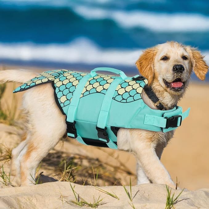 EMUST Mermaid Life Jackets for Dogs, Adjustable Small/Medium/Large Dog Life Vest for Water Safety Pet Life Vest with Rescue Handle Safety Vest for Swimming Pool Beach Boating, (L, Green)