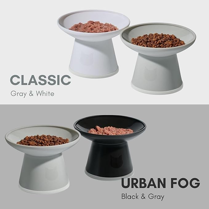Necoichi 2pcs Extra Wide Elevated Cat Food Bowls – BPA-Free Plastic Raised Bowls to Reduce Whisker & Neck Fatigue – Dishwasher Safe – Non-Slip, Anti-Vomiting Ergonomic Design (Urban Fog)