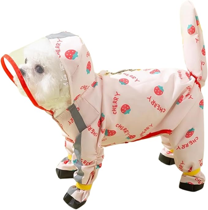 Small Dog Raincoat, Tail Protect Feet Cover Waterproof Dog Rain Jacket for Puppy Small Dogs(Strawberry,XL)